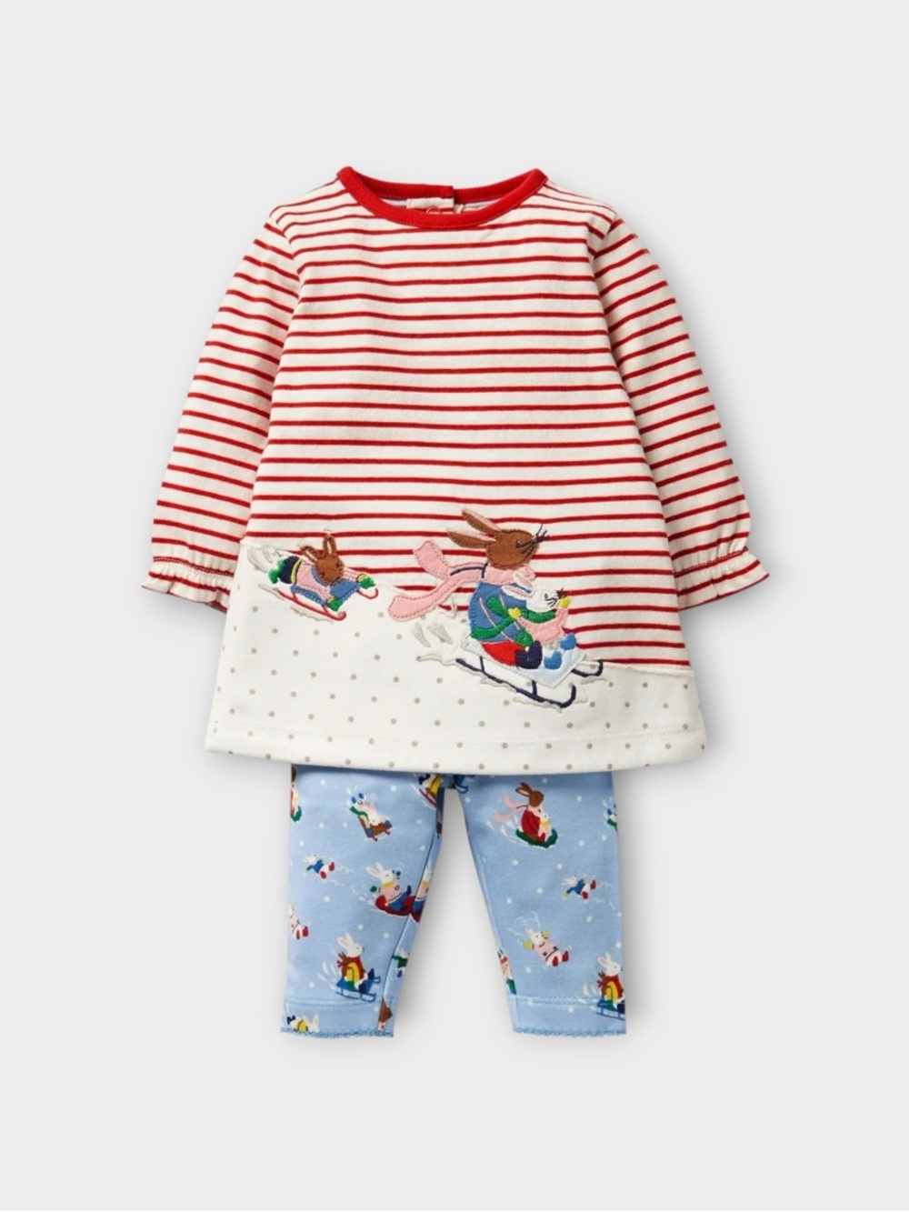 Mini Boden Bunny Sled Winter Scene Applique Dress & Leggings Matching Set